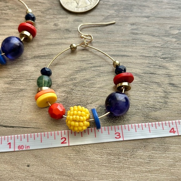 Colorful Gold Multi Color Beaded Hoop Earrings-New - Picture 6 of 7